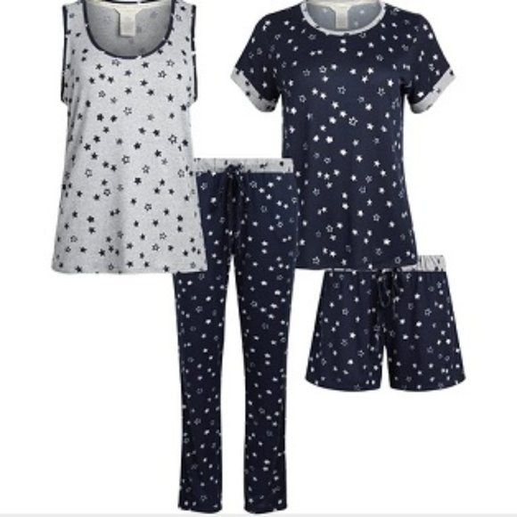 NWT Lucky 4 Piece Pajama Set Navy & Gray Stars - Picture 1 of 3